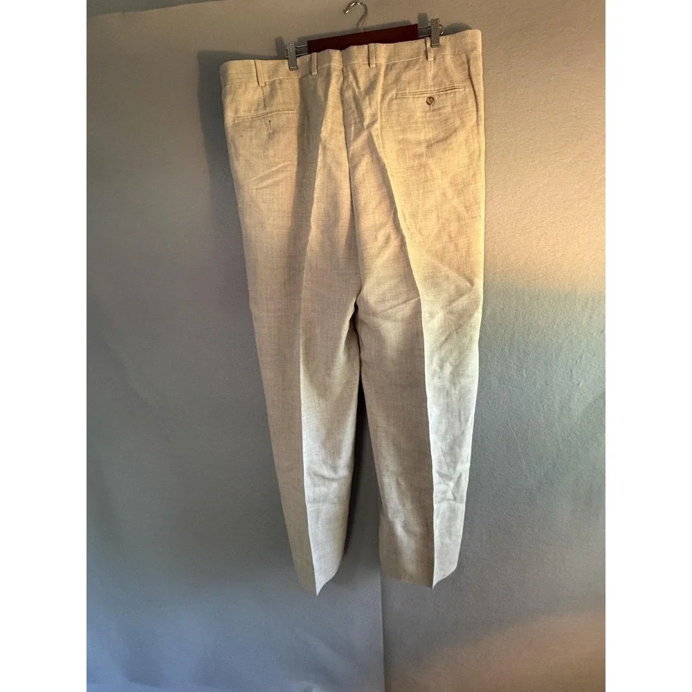 Paul Fredrick Dress Pants Mens 44x31 Beige Linen Blend Classic Pleated Big Tall